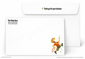 A white printed envelope set shown on a light gray background. The front envelope has placeholder text on the left and a small cartoon cowboy illustration in the lower right, while the back envelope shows printed sample text and a thank-you message with a star icon.