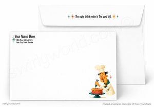 A printed stationery mockup showing a white envelope behind a matching white card. The card has placeholder text on the left and a small cartoon chef decorating a cake on the lower right.
