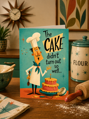 A greeting card featuring a whimsical illustration of a chef standing next to a two-tier cake with the text 'The CAKE didn't turn out so well.