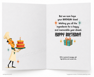 An open folding greeting card shown front and back. The left panel features a cartoon chef in a white uniform holding a two-tier birthday cake, while the right panel contains a birthday message with decorative star and gift icons.