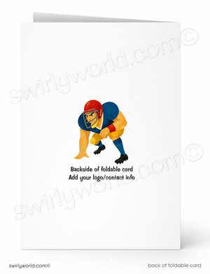 A white foldable greeting card shown front and back. The front has a small colorful illustration of a football player and the text 'Backside of foldable card Add your logo/contact info'.