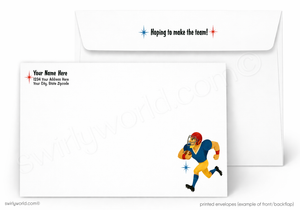 A white printed envelope set shown on a light gray background. The front envelope has a football player illustration in blue, yellow, and red near the lower right, and the back envelope has placeholder text including 'Hopeing to make the team!' and customization fields.