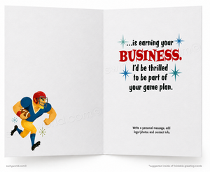 An open greeting card with a football-themed design. The left panel shows a cartoon football player in blue and yellow running with a football.