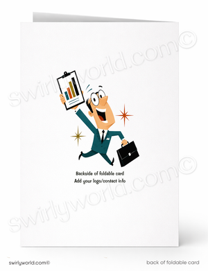 A folded greeting card shown front and back on a white background. The front features a cartoon businessman in a teal suit holding a clipboard with a bar chart and a briefcase, with sparkles around him.