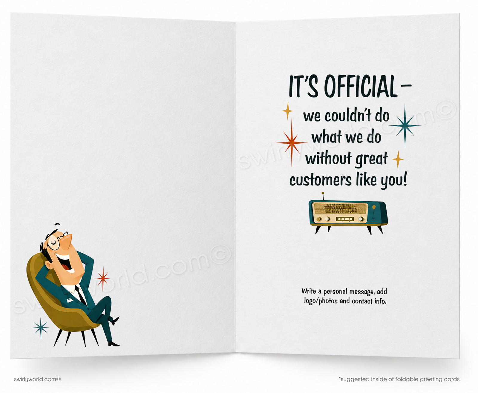 A folded greeting card shown front-facing on a white background. The card features a retro-style illustration with the text 'The Reports ARE IN.