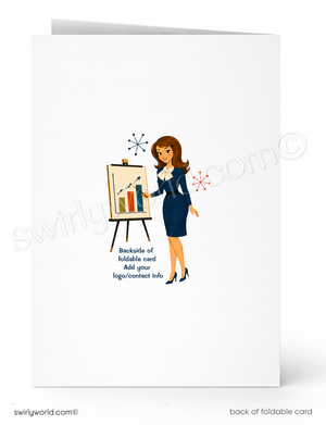 Illustration of a woman in a business suit standing next to an easel with a chart on a white card.