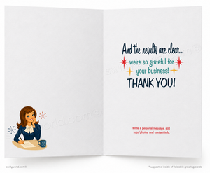 Open card with a cartoon woman, colorful text, and a cup on a white background