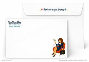 Envelopes with a design of a woman holding money and a briefcase, with space for personalization.