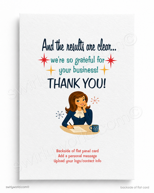 Greeting card with a woman at a desk and text 'And the results are clear.