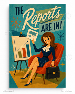 Vintage-style illustration of a woman holding a briefcase and a report card, with text 'The Reports Are In!' on a blue background.
