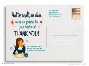 Vintage-style business card with a woman illustration and text on a white background