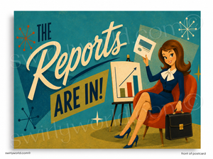 Vintage-style illustration of a woman holding a newspaper with 'The Reports Are In!' text.