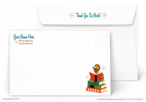 Personalized letterhead and envelope set with a design of a person reading a book on books, with space for customization.