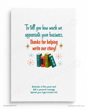 Greeting card with colorful text and books illustration on a white background