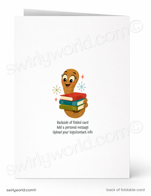 Back of a folded card with a cartoon wooden spoon holding books on a white background.