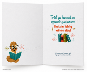 Open card with cartoon character reading a book and text expressing appreciation for business.