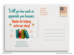 Postcard backside with text and book illustrations on a white background