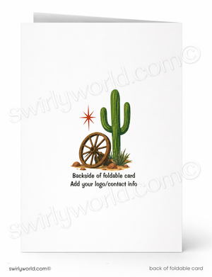 A folded white card shown front and back. The front features a western desert illustration with a green cactus, a brown wooden wagon wheel, a small red star, and placeholder text reading 'Backside of foldable card' and 'Add your logo/contact info.