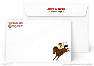 A set of white printed envelopes shown on a light gray background. The front envelope features a cowboy riding a bucking horse in the lower right corner and sample address text on the left.
