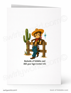 A folded white card shown front and back on a white background. The front features a western cartoon cowboy leaning on a wooden fence beside a cactus, with placeholder text reading 'Backside of foldable card' and 'Add your logo/contact info.