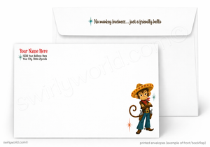 A set of printed stationery envelopes shown on a white background. The front envelope features a cartoon monkey dressed as a cowboy with a sombrero, and the back envelope has placeholder text and a small starburst design.