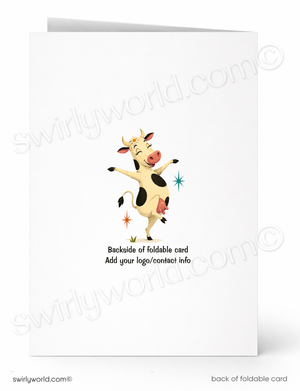 A folded greeting card shown front and back on a white background. The front features a cartoon cow illustration, and the back has placeholder text reading 'Backside of foldable card' and 'Add your logo/contact info'.