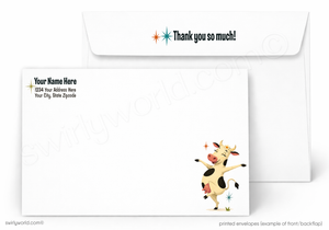 A set of printed stationery envelopes shown on a white background. The front envelope features a cartoon cow illustration at the bottom right, and the back envelope shows the text 'Thank you so much!' with star accents.