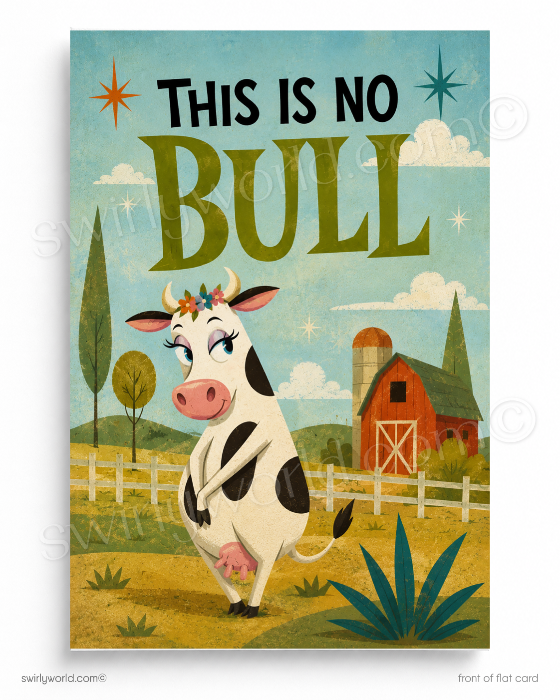 A retro-style illustrated card or print with the text 'THIS IS NO BULL' above a cartoon cow standing in a farm scene with a barn, fence, trees, and sky. The artwork is presented on a white background with small watermark text along the bottom.