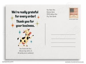 Customizable postcard backside template with a cartoon cow illustration, thank you message, address lines, and a postage stamp graphic on a white background.