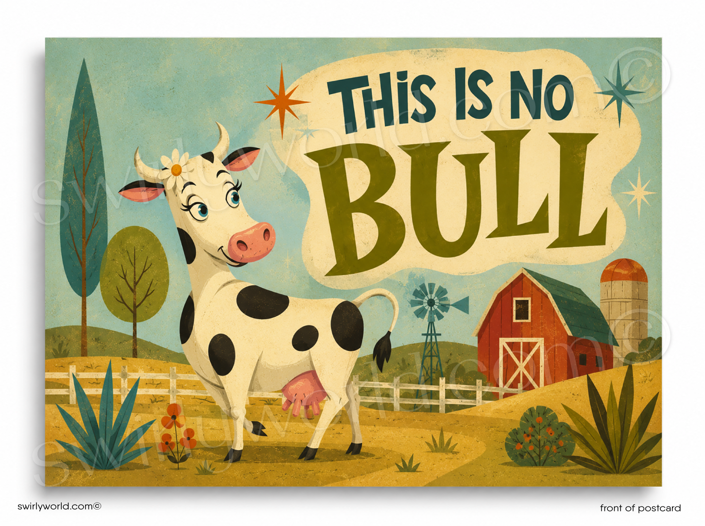 A retro-style illustrated postcard or print showing a cartoon cow in a farm scene with the text 'THIS IS NO BULL' in large letters. The artwork includes a red barn, silo, trees, fence, and a pale blue sky.
