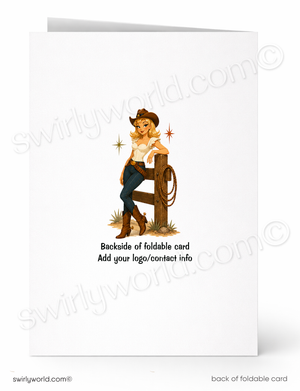 A white foldable greeting card shown front and back. The front features a western-style illustration of a woman leaning on a wooden fence with a lasso, and the back text reads 'Backside of foldable card' and 'Add your logo/contact info'.
