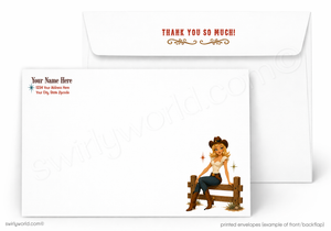 Custom printed white envelopes shown on a light gray background. The front envelope features a cowboy illustration sitting on a fence, and the back envelope has the text 'THANK YOU SO MUCH!' in red with decorative flourishes.