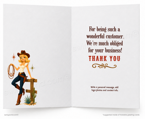 An open greeting card with a western-themed design. The left panel shows an illustrated cowgirl leaning on a fence rope, and the right panel has printed thank-you text on a white background.