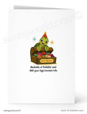 A folded greeting card shown front and back on a white background. The front features a cartoon turtle wearing a party hat sitting in an open treasure chest with colorful presents and the words 'Happy Birthday.