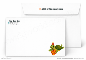 White printed birthday treasure envelopes shown on a white background, with one envelope displaying the front flap and the other showing the front with a cartoon turtle illustration and placeholder text.