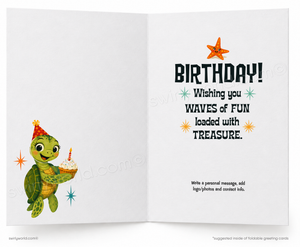 An open folding greeting card shown front and back. The right panel has a birthday message in dark teal text with small starfish and sparkle graphics, and the left panel shows a cartoon green sea turtle wearing a party hat and holding a cupcake with a candle.