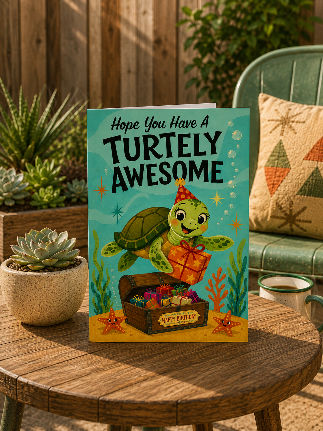 A folded birthday card shown front-on against a white background. The card features a colorful underwater scene with a smiling green sea turtle wearing a party hat and holding a wrapped gift box, with the text 'Hope You Have A TURTLY AWESOME' at the top.