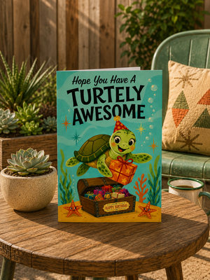 A square greeting card featuring a cartoon turtle wearing a party hat and floating above an open treasure chest, with the text 'Hope You Have A TURTLEY AWESOME' and 'HAPPY BIRTHDAY' on the front. The card is displayed on a round wooden table in a garden setting with a green chair, potted plants, and a wooden fence in the background.
