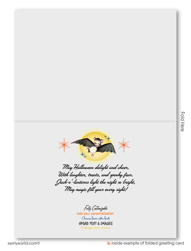 Capture the charm of yesteryear with Swirly World's Vintage 1940s Retro Halloween Greeting Cards. Featuring a Jack-o'-lantern witch puffing a pipe and a playful bat, these cards offer nostalgic Halloween magic. Choose from flat or folded designs with customizable envelopes for a personalized touch!