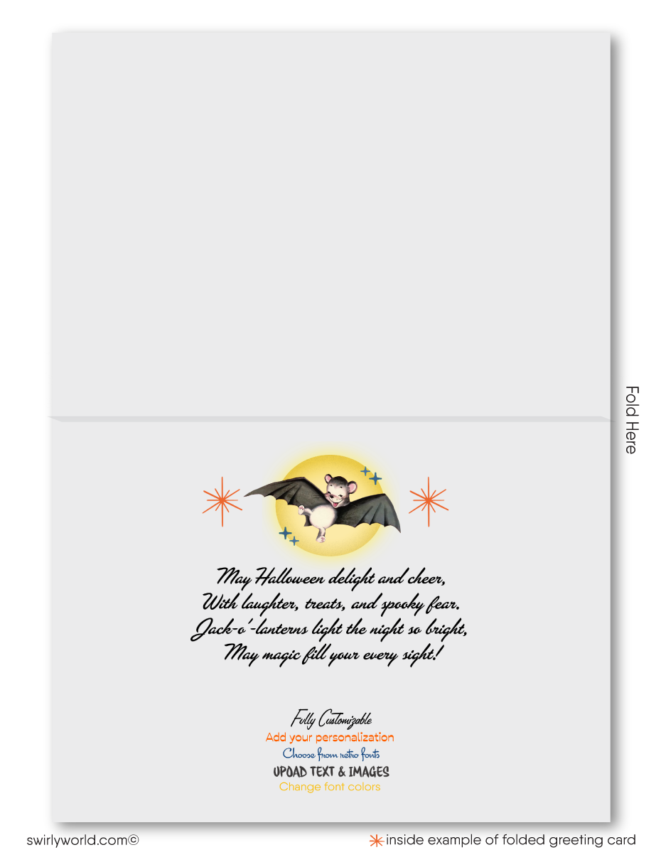 Step back in time with Swirly World's Vintage 1940s Retro Halloween Greeting Cards. Featuring a Jack-o'-lantern witch puffing a pipe and a playful anthropomorphic bat, these cards capture the nostalgic charm of classic Halloween. Available as flat or folded cards with customizable envelopes for a personalized touch!
