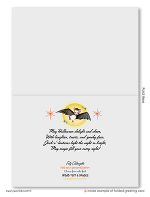Step back in time with Swirly World's Vintage 1940s Retro Halloween Greeting Cards. Featuring a Jack-o'-lantern witch puffing a pipe and a playful anthropomorphic bat, these cards capture the nostalgic charm of classic Halloween. Available as flat or folded cards with customizable envelopes for a personalized touch!