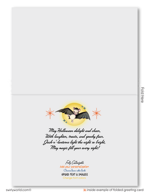 Capture the charm of yesteryear with Swirly World's Vintage 1940s Retro Halloween Greeting Cards. Featuring a Jack-o'-lantern witch puffing a pipe and a playful bat, these cards offer nostalgic Halloween magic. Choose from flat or folded designs with customizable envelopes for a personalized touch!