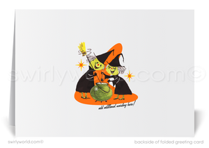 Vintage 1940s-1950s Retro Halloween Greeting Cards - Jack-o'-Lantern Witch & Bat Design
