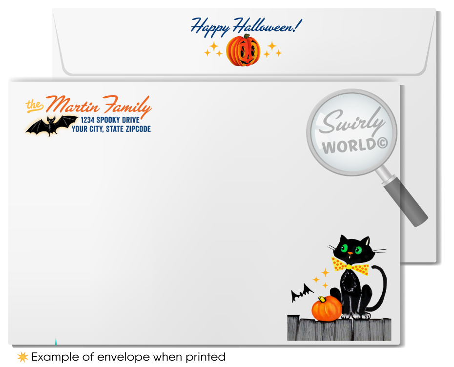 Step back in time with Swirly World's Vintage 1940s Retro Halloween Greeting Cards. Featuring a Jack-o'-lantern witch puffing a pipe and a playful anthropomorphic bat, these cards capture the nostalgic charm of classic Halloween. Available as flat or folded cards with customizable envelopes for a personalized touch!