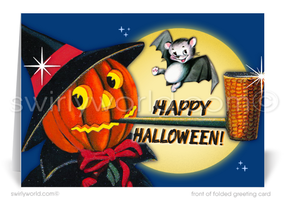 Capture the charm of yesteryear with Swirly World's Vintage 1940s Retro Halloween Greeting Cards. Featuring a Jack-o'-lantern witch puffing a pipe and a playful bat, these cards offer nostalgic Halloween magic. Choose from flat or folded designs with customizable envelopes for a personalized touch!