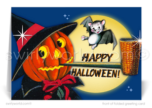 Capture the charm of yesteryear with Swirly World's Vintage 1940s Retro Halloween Greeting Cards. Featuring a Jack-o'-lantern witch puffing a pipe and a playful bat, these cards offer nostalgic Halloween magic. Choose from flat or folded designs with customizable envelopes for a personalized touch!
