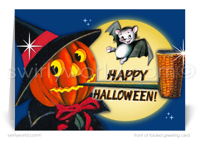 Capture the charm of yesteryear with Swirly World's Vintage 1940s Retro Halloween Greeting Cards. Featuring a Jack-o'-lantern witch puffing a pipe and a playful bat, these cards offer nostalgic Halloween magic. Choose from flat or folded designs with customizable envelopes for a personalized touch!