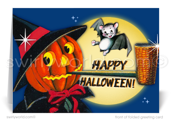 1940s-1950s Retro Vintage Mid-Century Pumpkin Bat "Happy Halloween" Greetings Cards