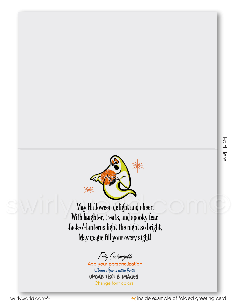 Enchant your clients and friends with Swirly World's Vintage Mid-Century Retro "Happy Halloween" Greeting Card. Featuring a haunting mansion, bats, and a moonlit autumn sky, this premium cardstock card captures the spooky elegance of Halloween. Printed versions available with matching envelopes!