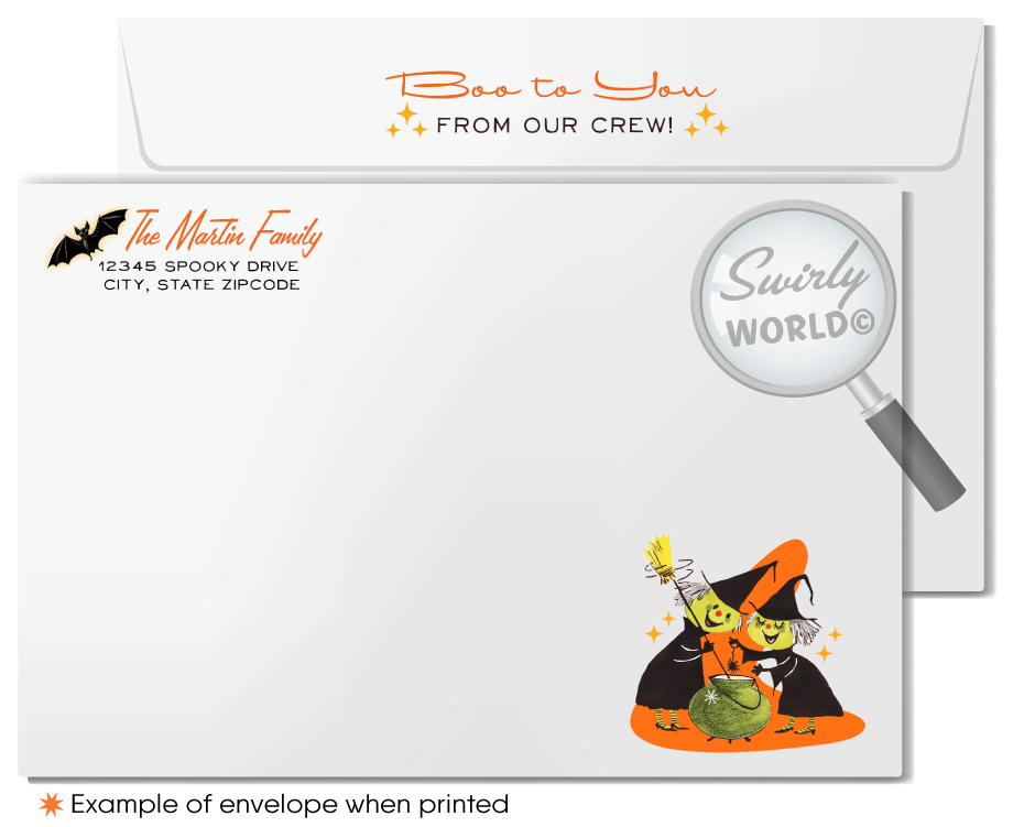 Captivate with Swirly World's Vintage Mid-Century Retro "Happy Halloween" Greeting Card. Featuring a haunting mansion, spooky trees, and bats in an orange-yellow moonlit sky, this premium cardstock card is perfect for sharing Halloween magic. Printed versions available for an unforgettable impression!